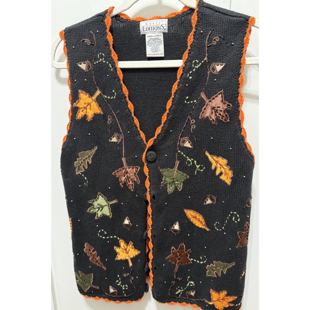 Vintage Basic Editions Fall Sweater Vest Pumpkin Patch Leaves Embroidered Sz S